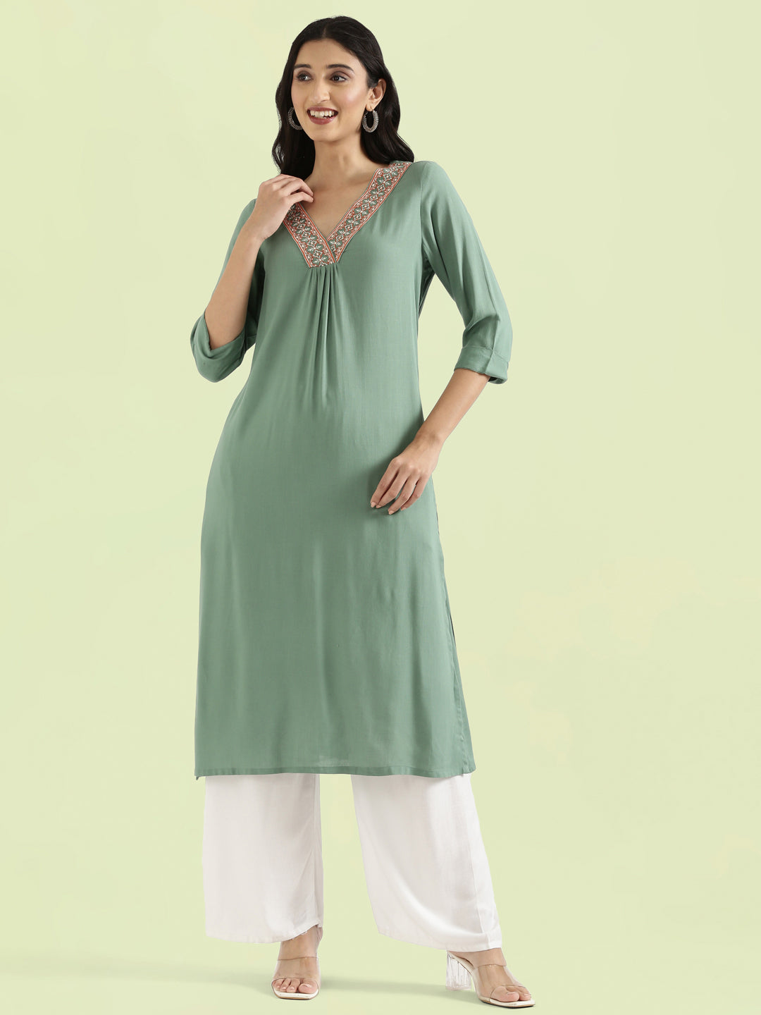 Rayon Geometric Cross-Stitch V-Neck Embroidered Straight Kurta