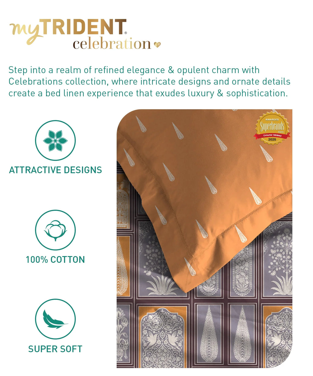 Celebration Queen Bedsheet Set, Gharana Grey | 144 TC Cotton| 2 Pillow Covers
