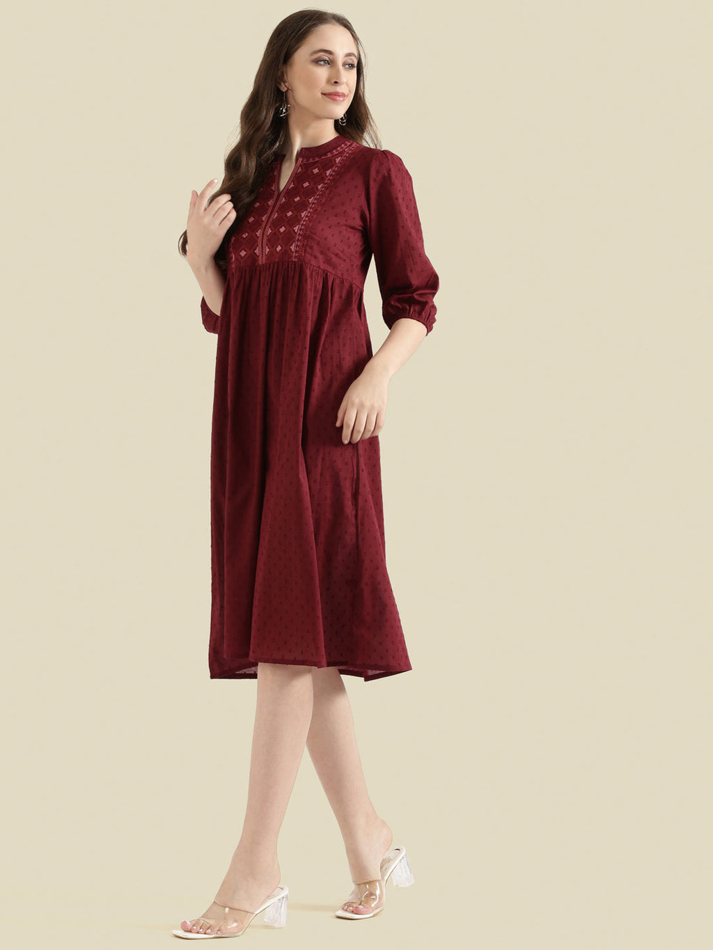 Cotton Dobby Geometric Embroidered Yoke Gathered Midi Dress