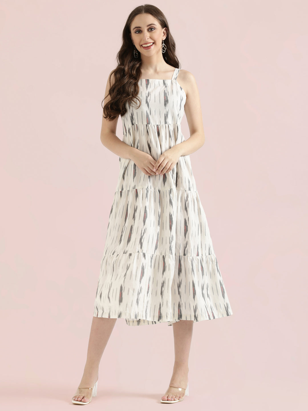 Ikat Print Cotton Smocked Back Tiered Dress