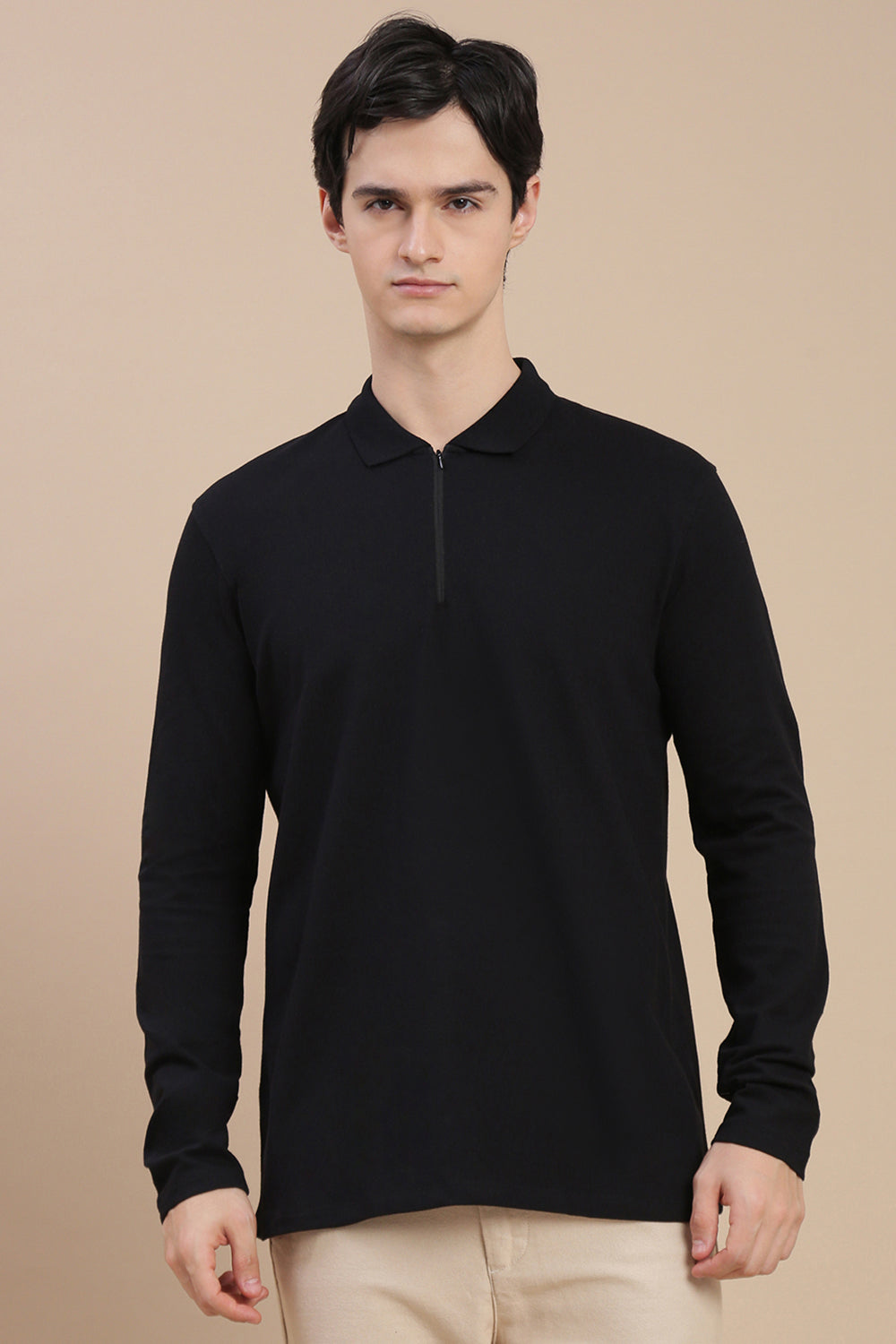 Men Black Bonded Zipper Polo T-Shirt