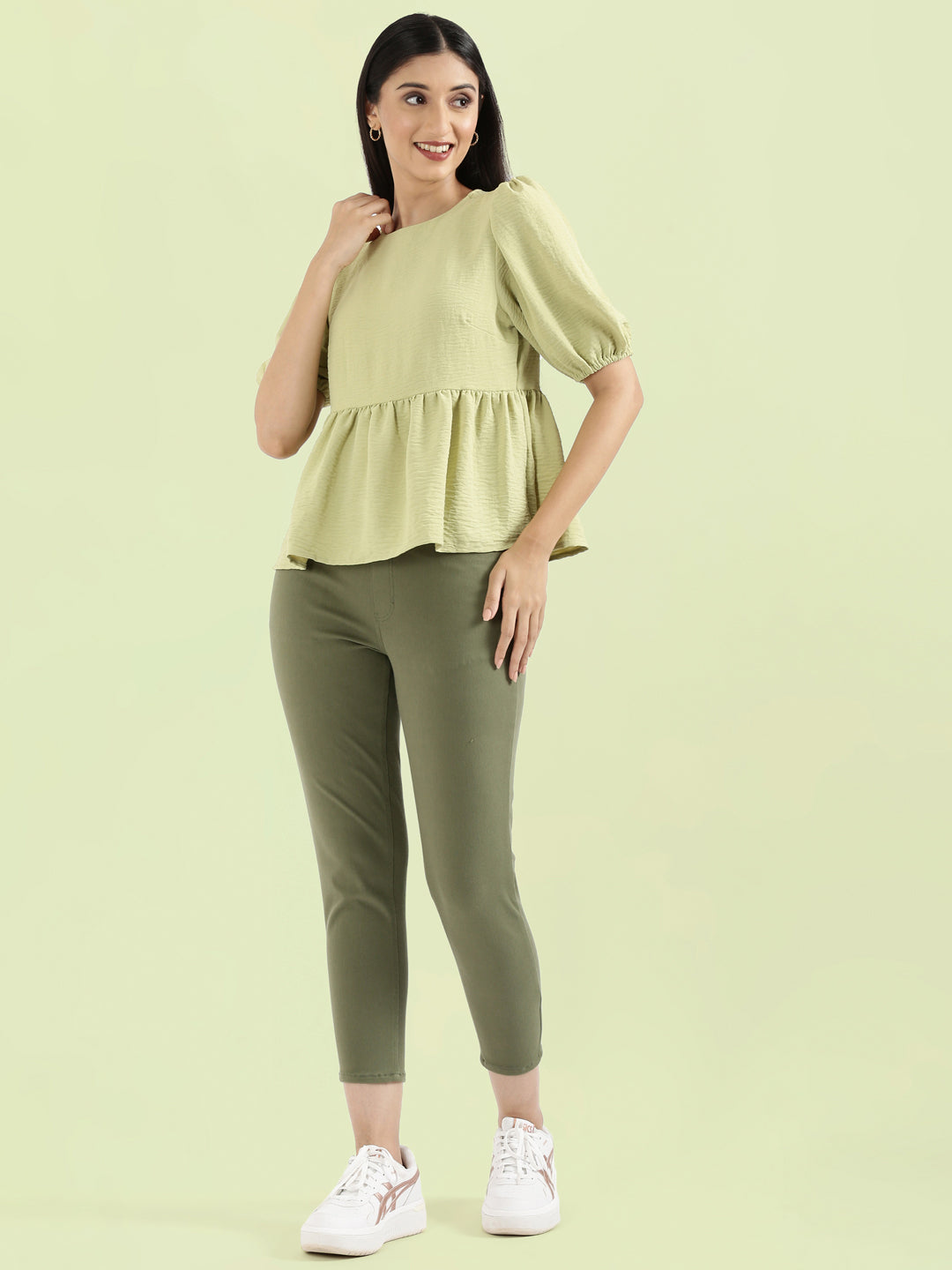 Hammered Crew Neck Peplum Top