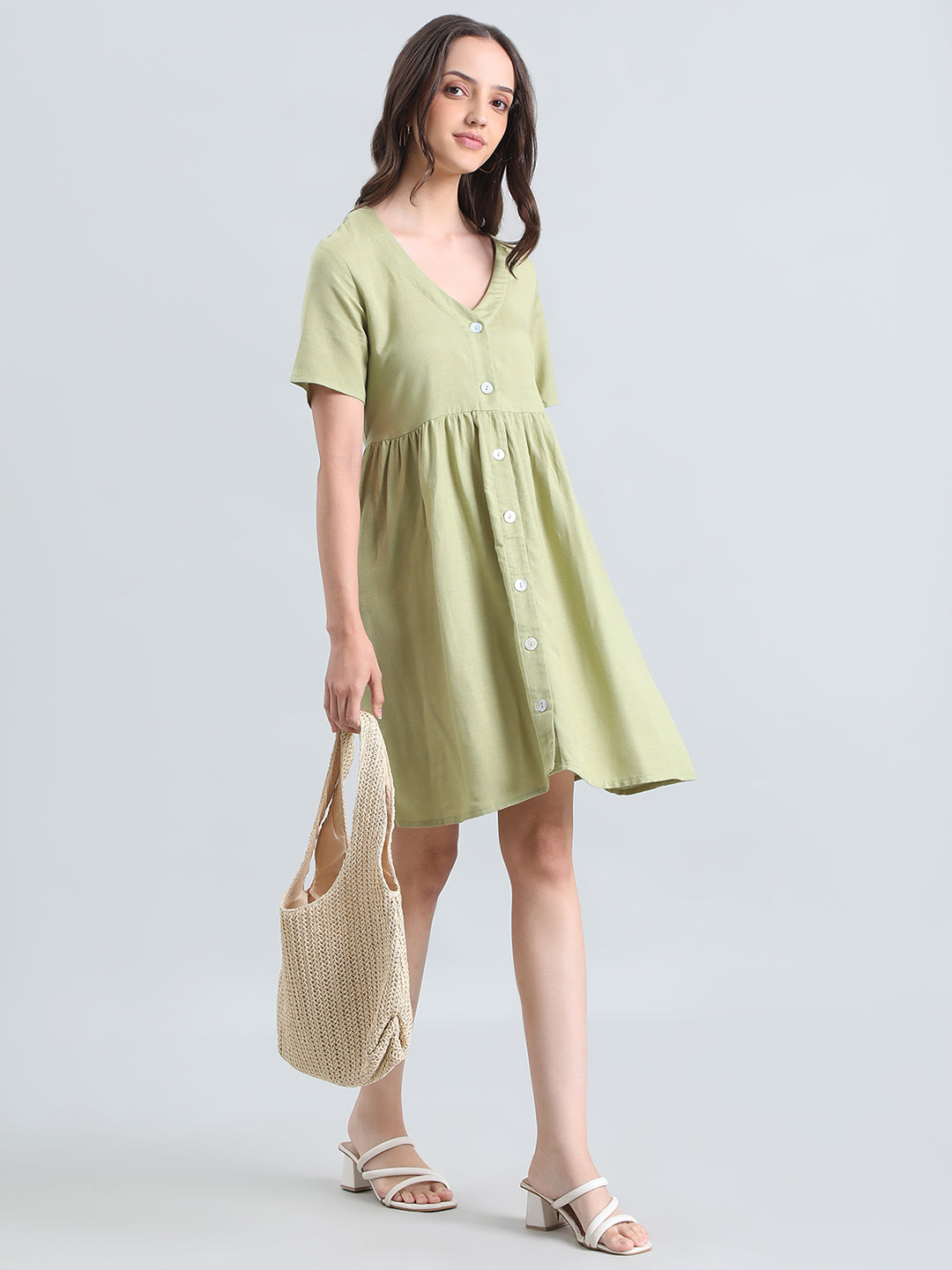 Linen V-Neck Regular Fit Short Dress