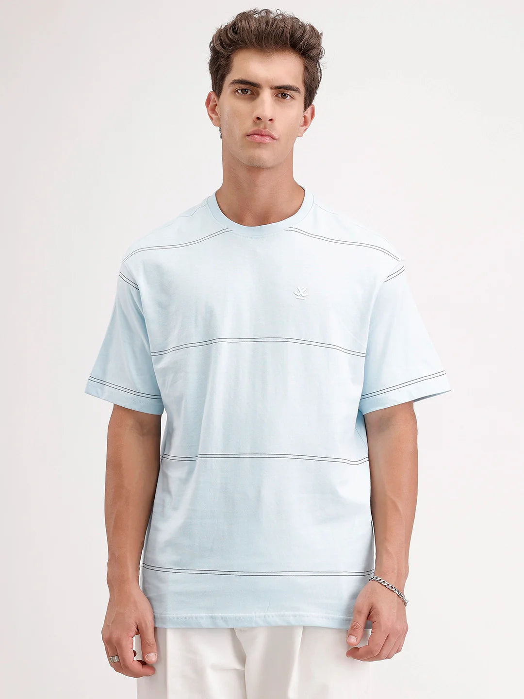 Oversized Stripes Printed T-Shirt | Light Blue