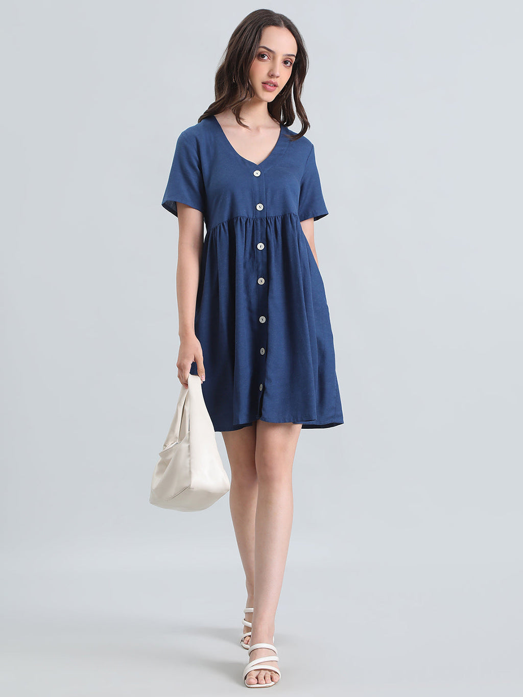 Linen V-Neck Regular Fit Short Dress