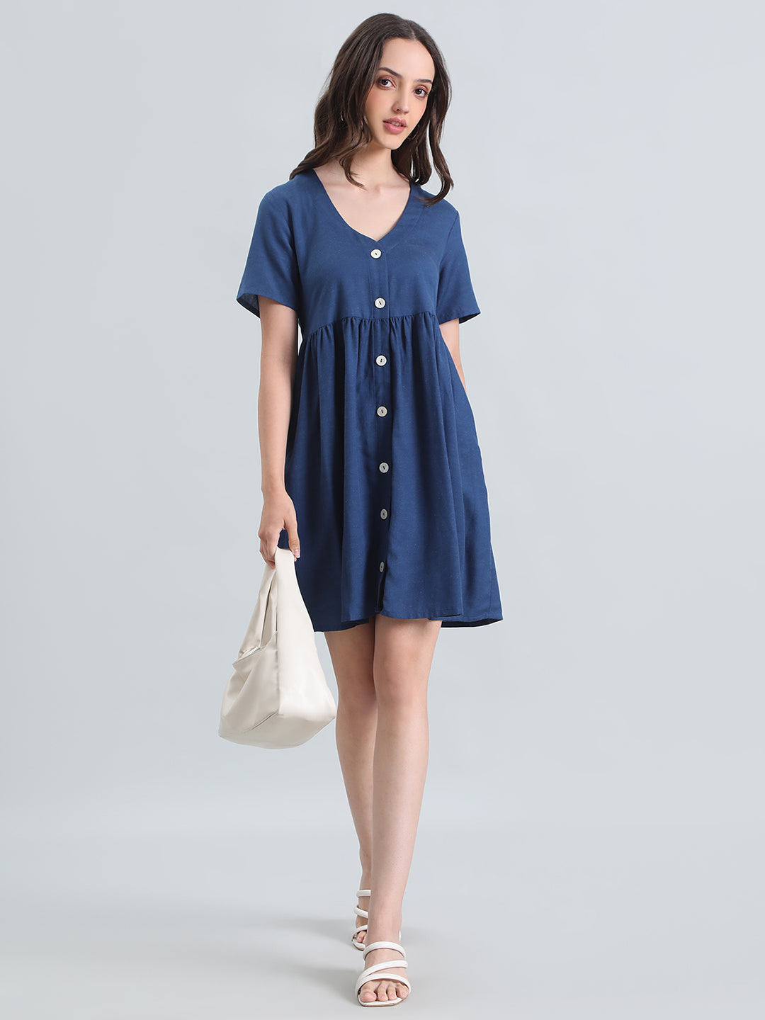 Linen V-Neck Regular Fit Short Dress