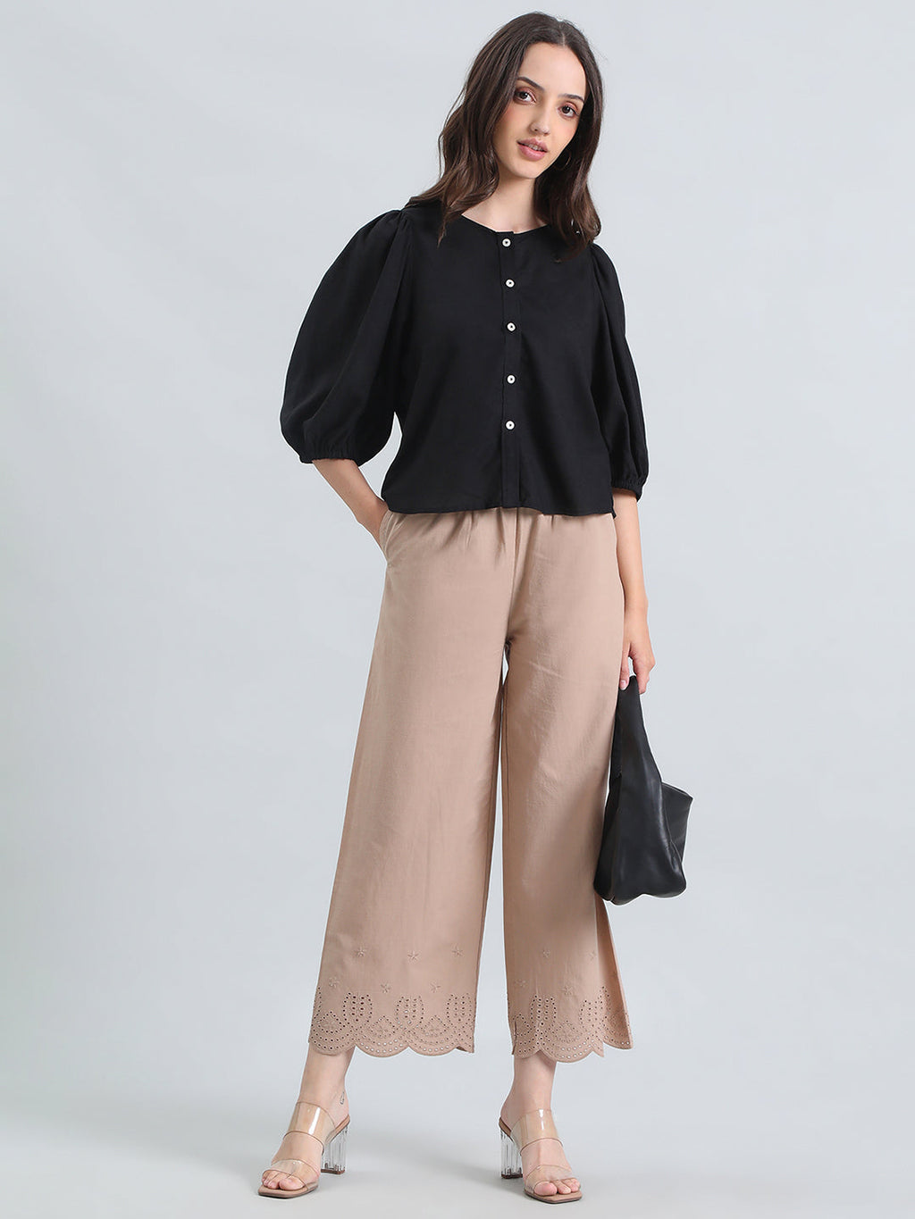 Linen Puff Sleeve Crew Neck Shirt