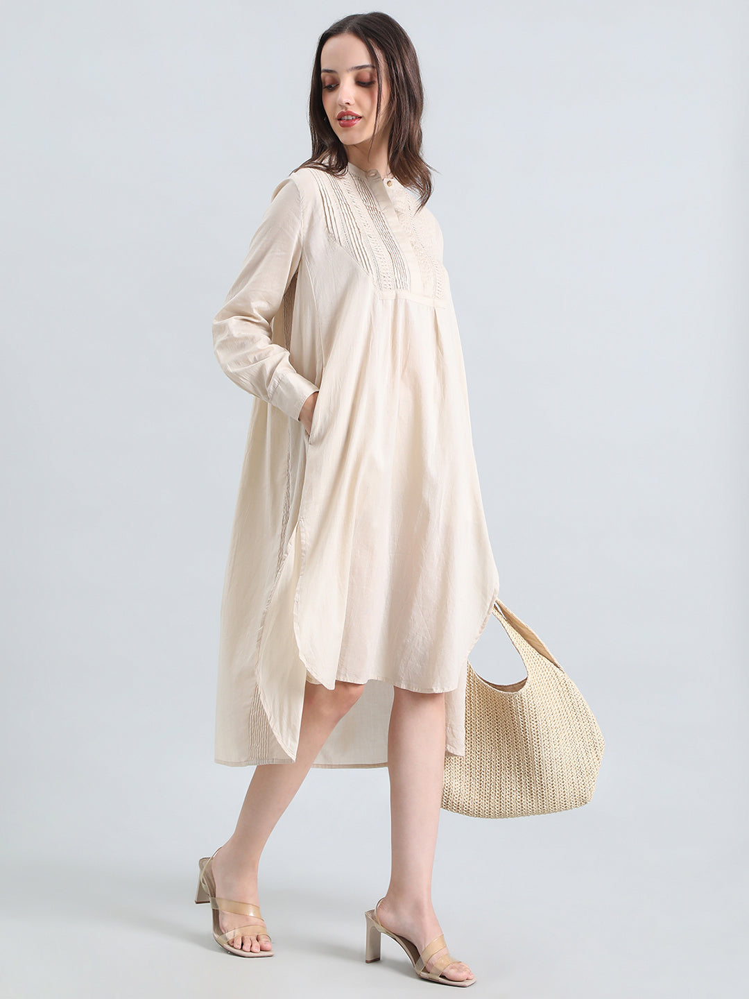 Cotton Pin-Tuck & Lace Trim Mandarin Collar Dress