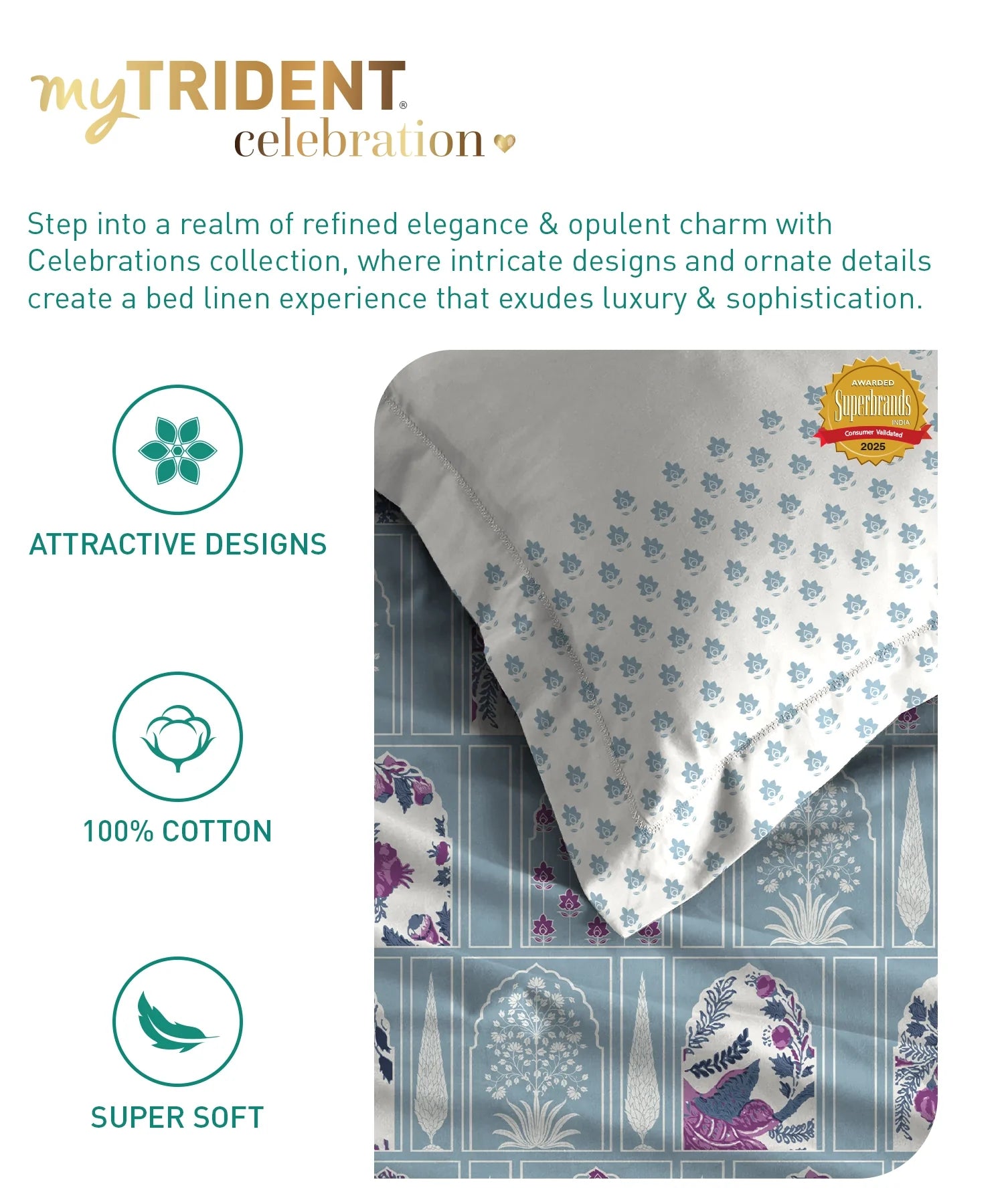 Celebration Queen Bedsheet Set, Aangan Blue | 144 TC Cotton| 2 Pillow Covers