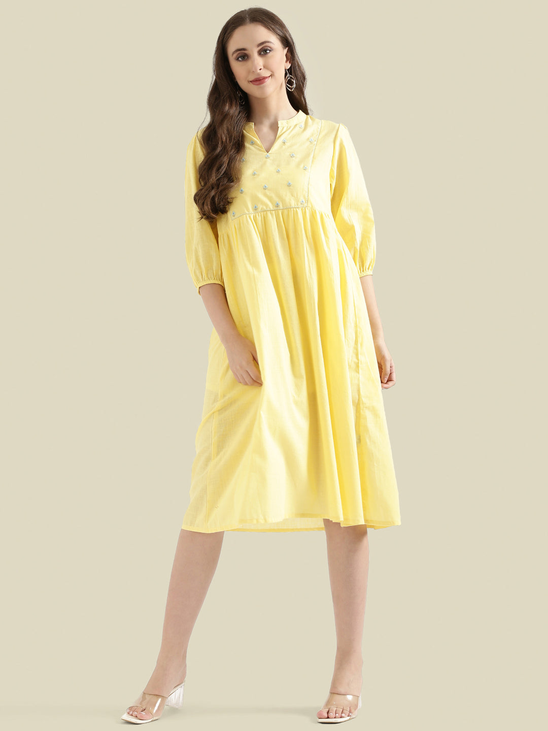 Cotton Slub Butti Embroidered Yoke Gathered Midi Dress