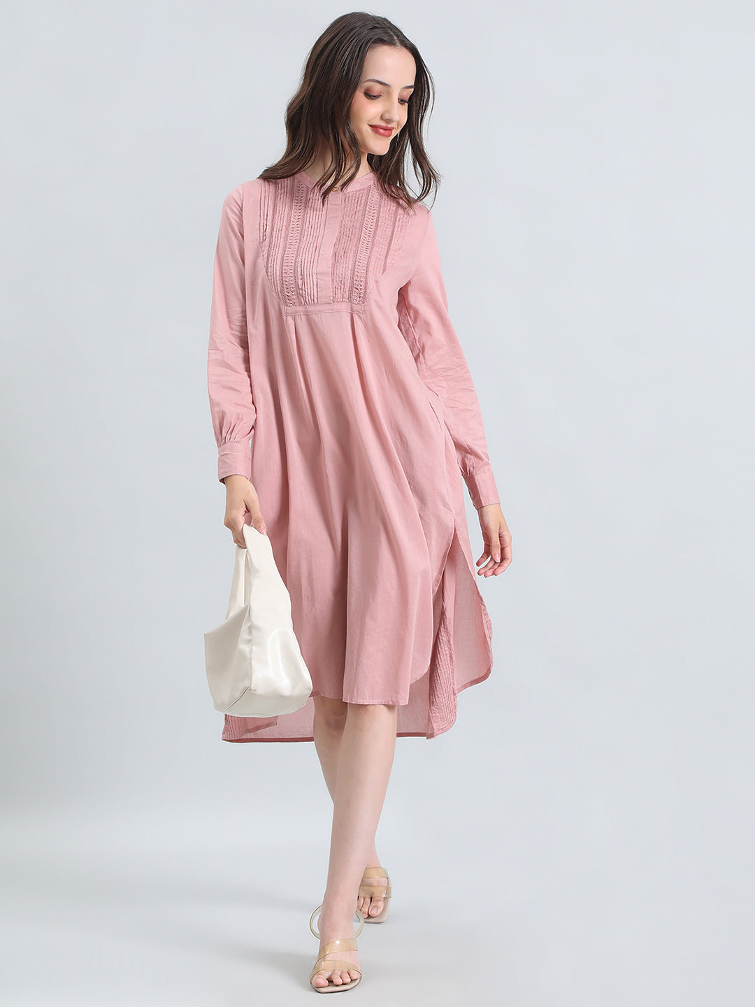 Cotton Pin-Tuck & Lace Trim Mandarin Collar Dress