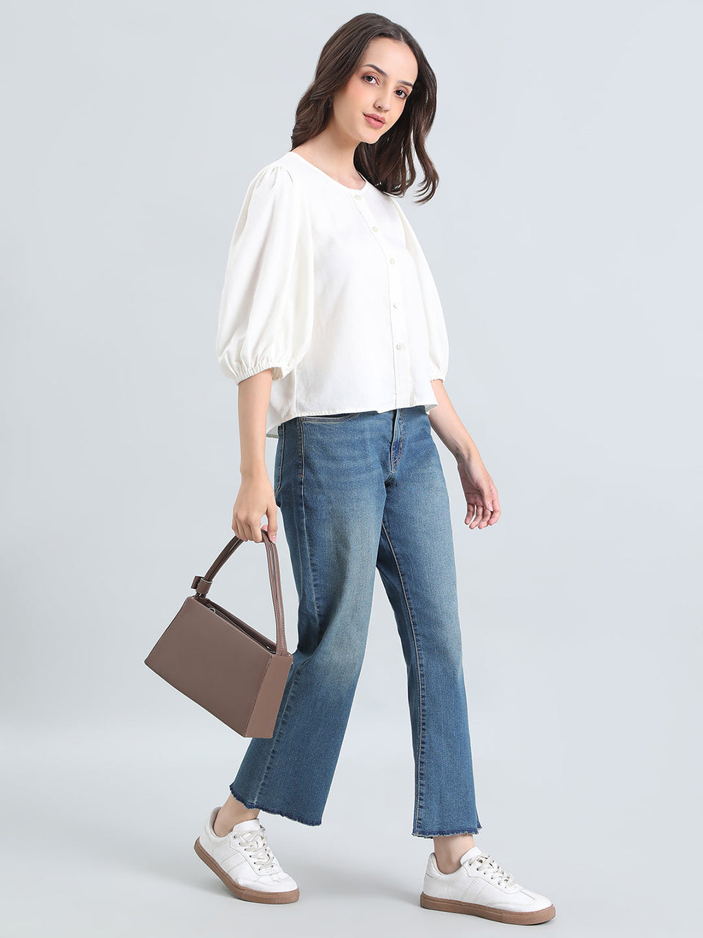 Linen Puff Sleeve Crew Neck Shirt