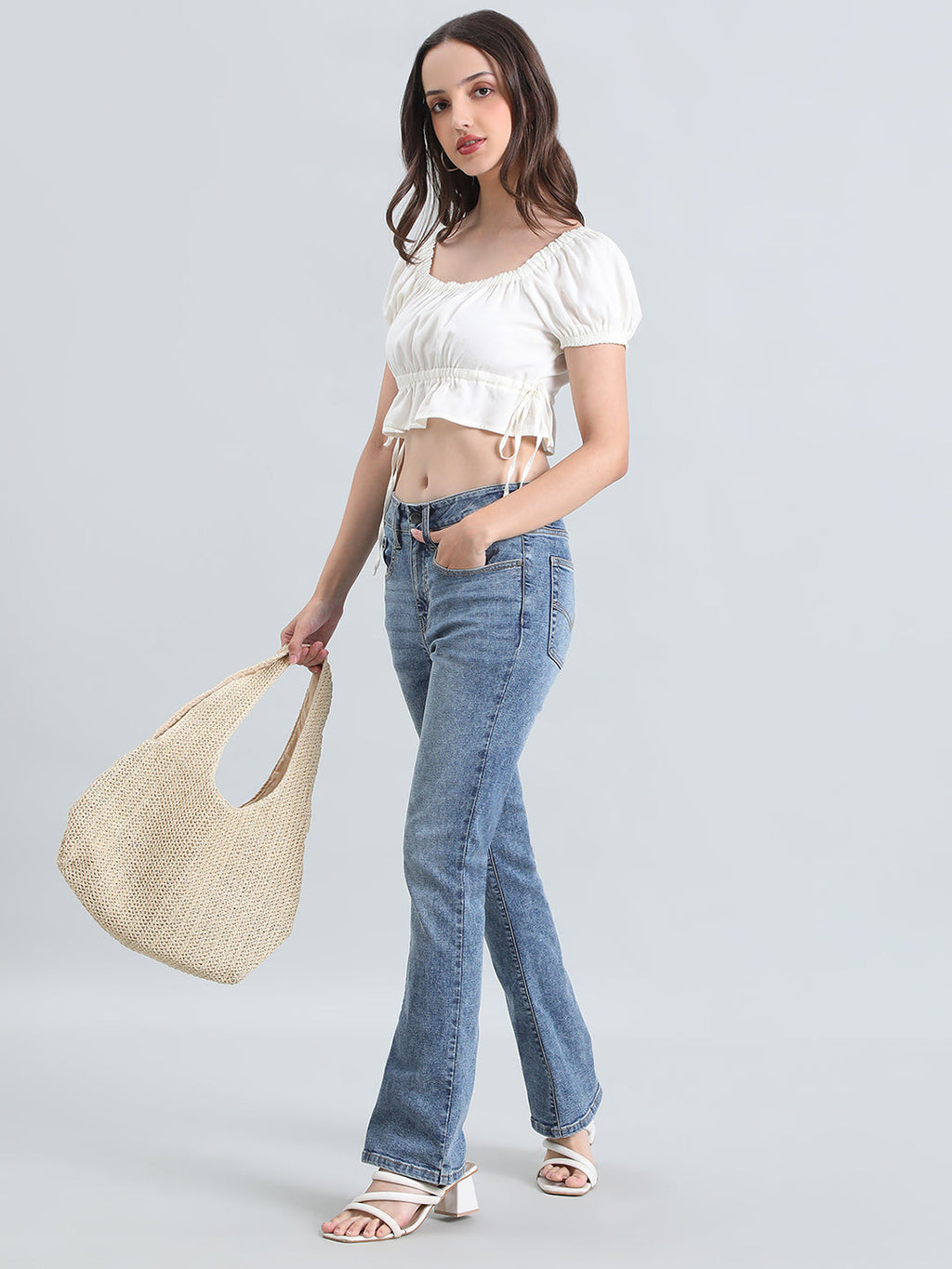 Linen Blend Square Neck Cropped Gathered Blouse