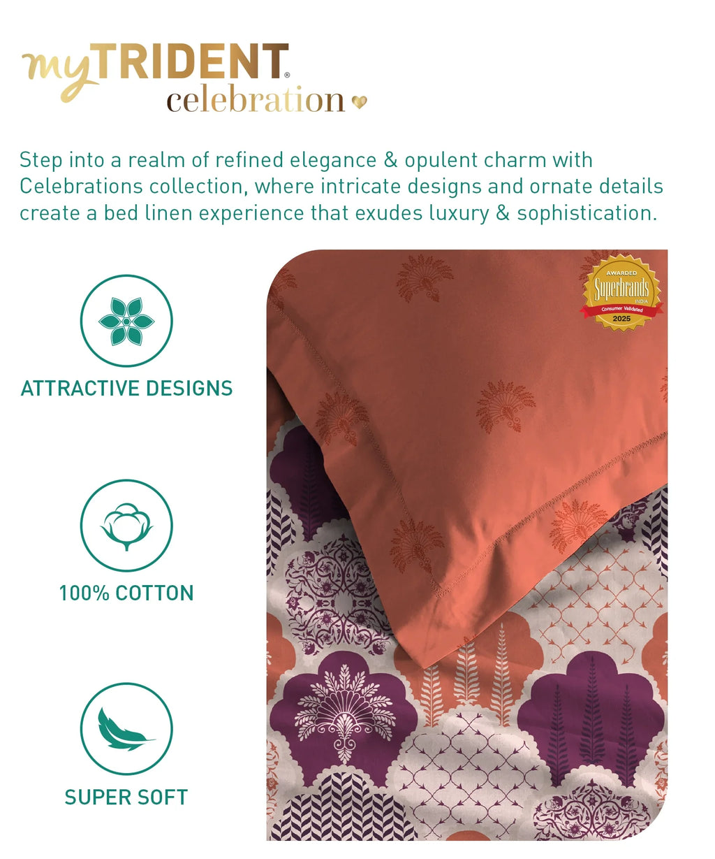 Celebration Queen Bedsheet Set, Mehfil Rust | 144 TC Cotton| 2 Pillow Covers
