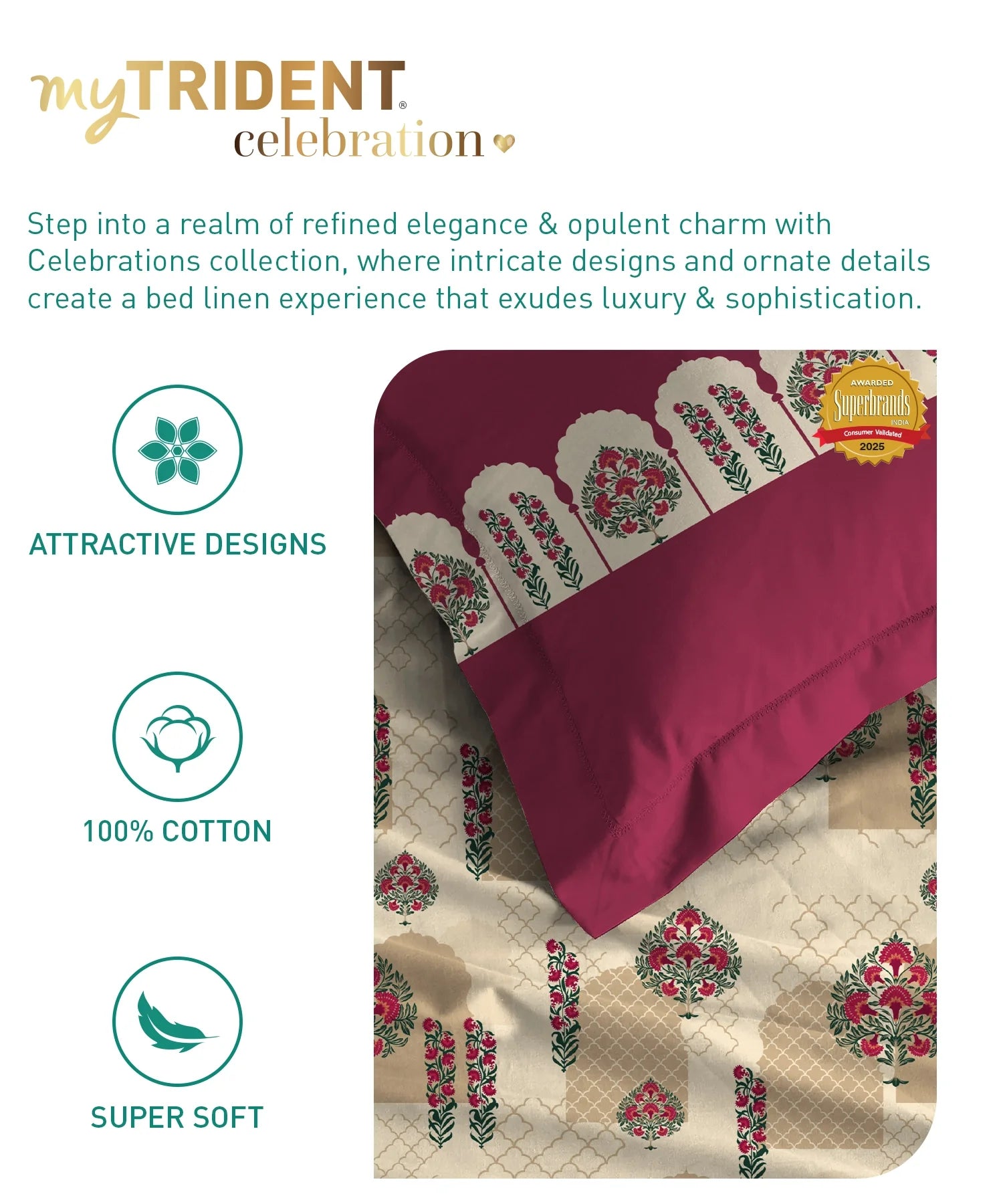 Celebration Queen Bedsheet Set, Ruhani Majenta | 144 TC Cotton| 2 Pillow Covers