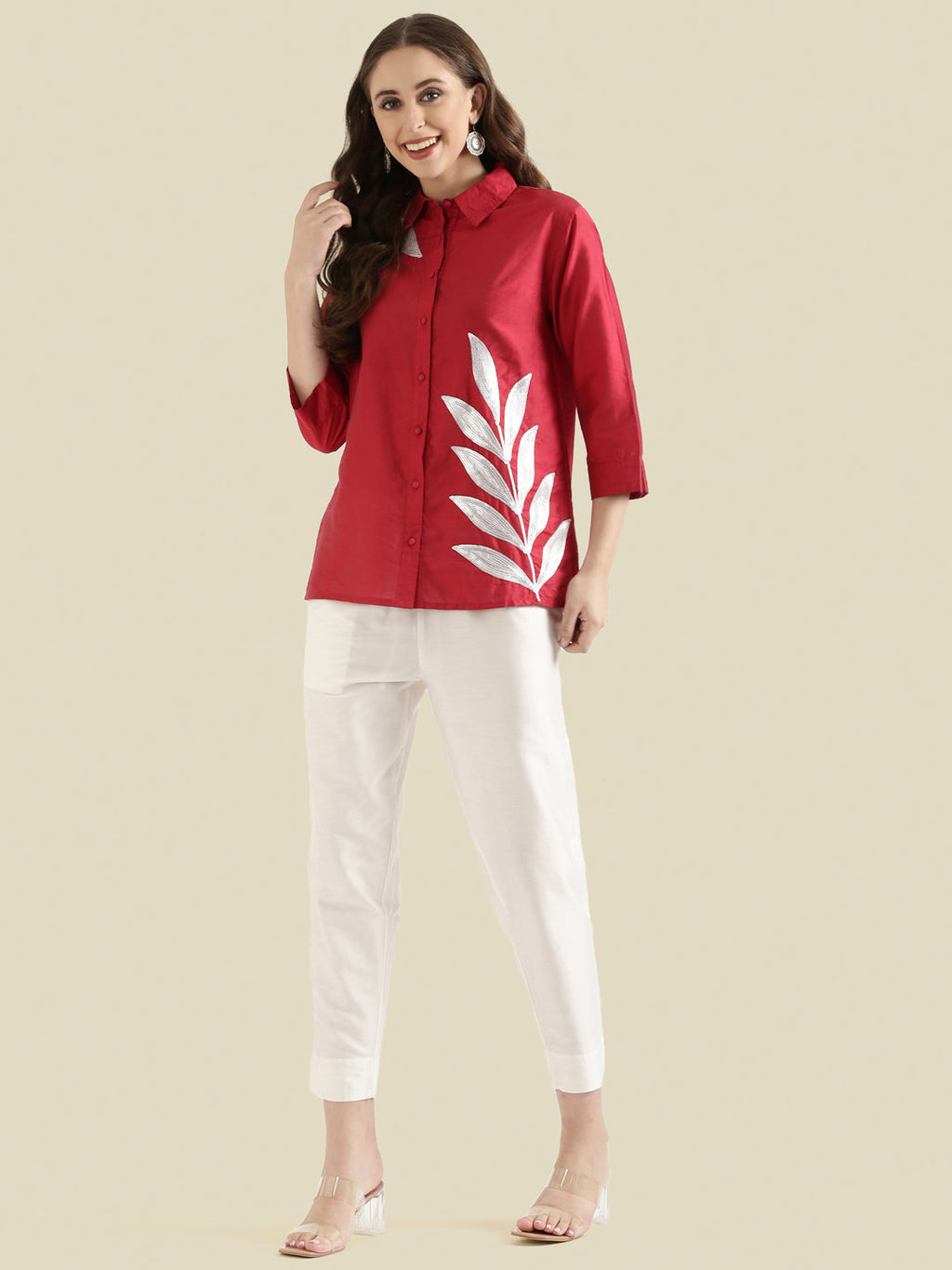 Viscose Sequin Embroidery Classic Collar Blouse