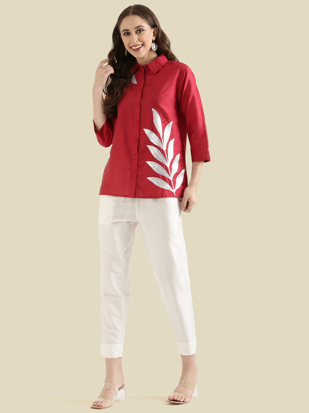 Viscose Sequin Embroidery Classic Collar Blouse