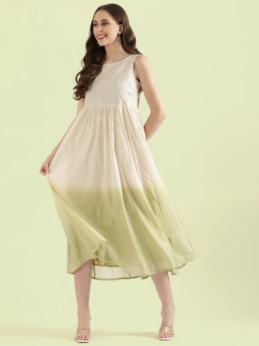 Chanderi Lotus Embroidered Ombre Dip-Dye Gathered Dress