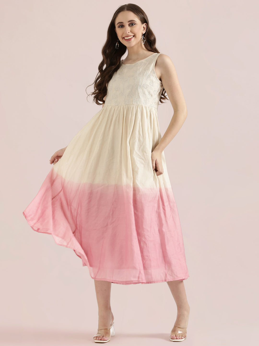 Chanderi Lotus Embroidered Ombre Dip-Dye Gathered Dress