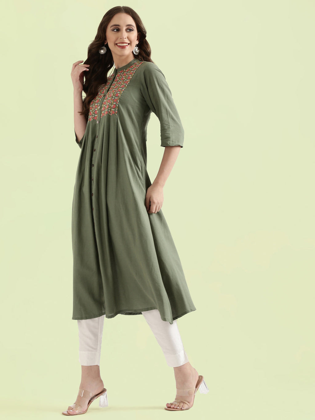 Floral Vine Embroidered Yoke A-Line Long Kurta