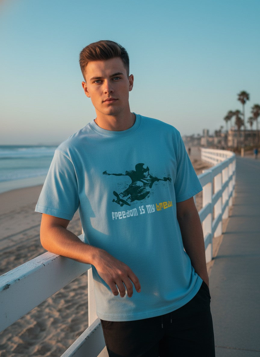 Men Cotton Ice Blue T-Shirt