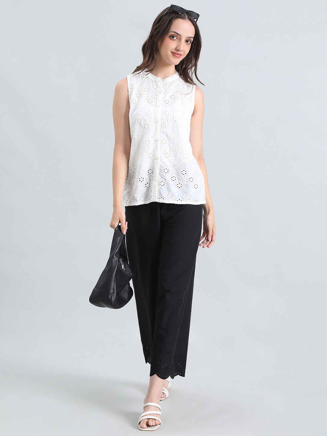 Cotton Embroidered Mandarin Collar Hakoba Blouse