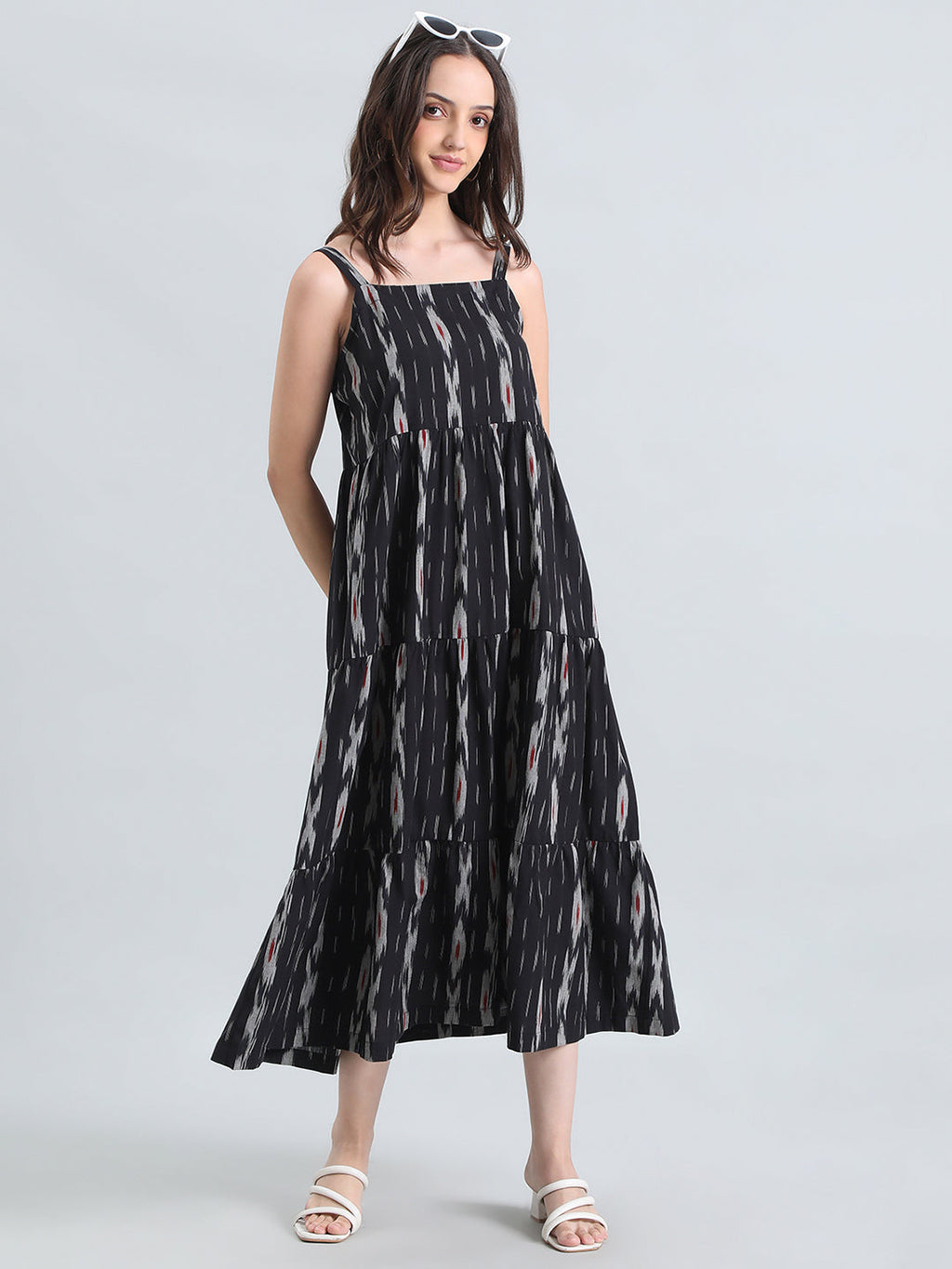 Ikat Print Cotton Smocked Back Tiered Dress