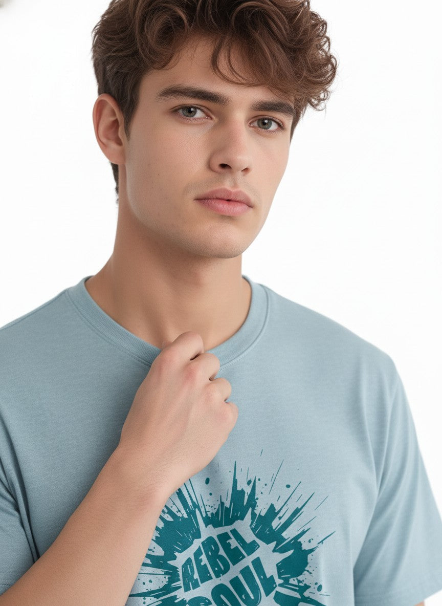 Men Cotton Ice Blue T-Shirt