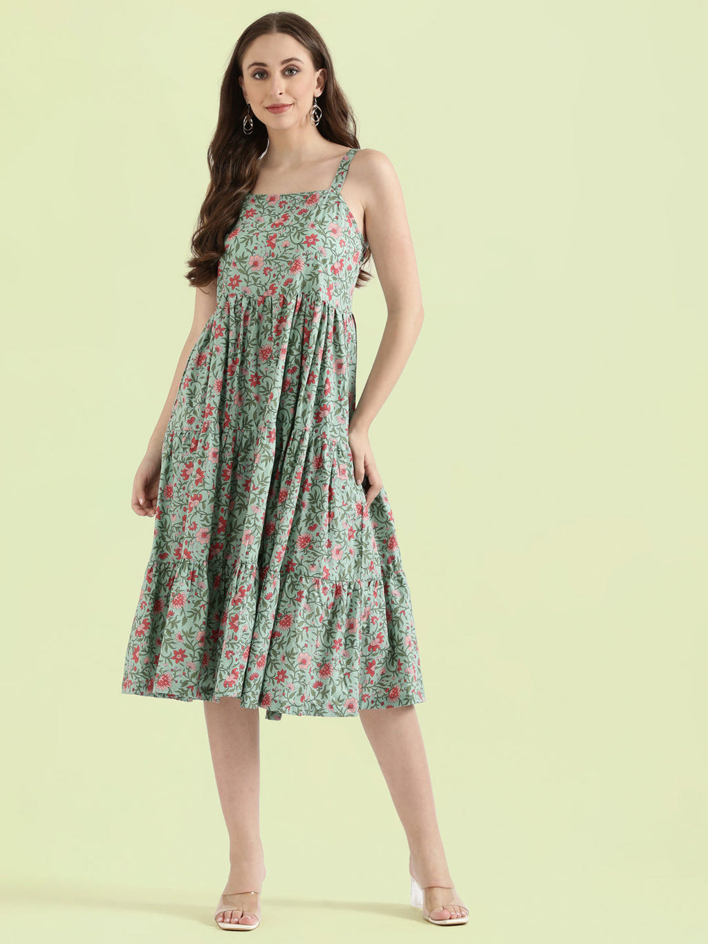 Floral Print Cotton Fit & Flare Square Neck Dress