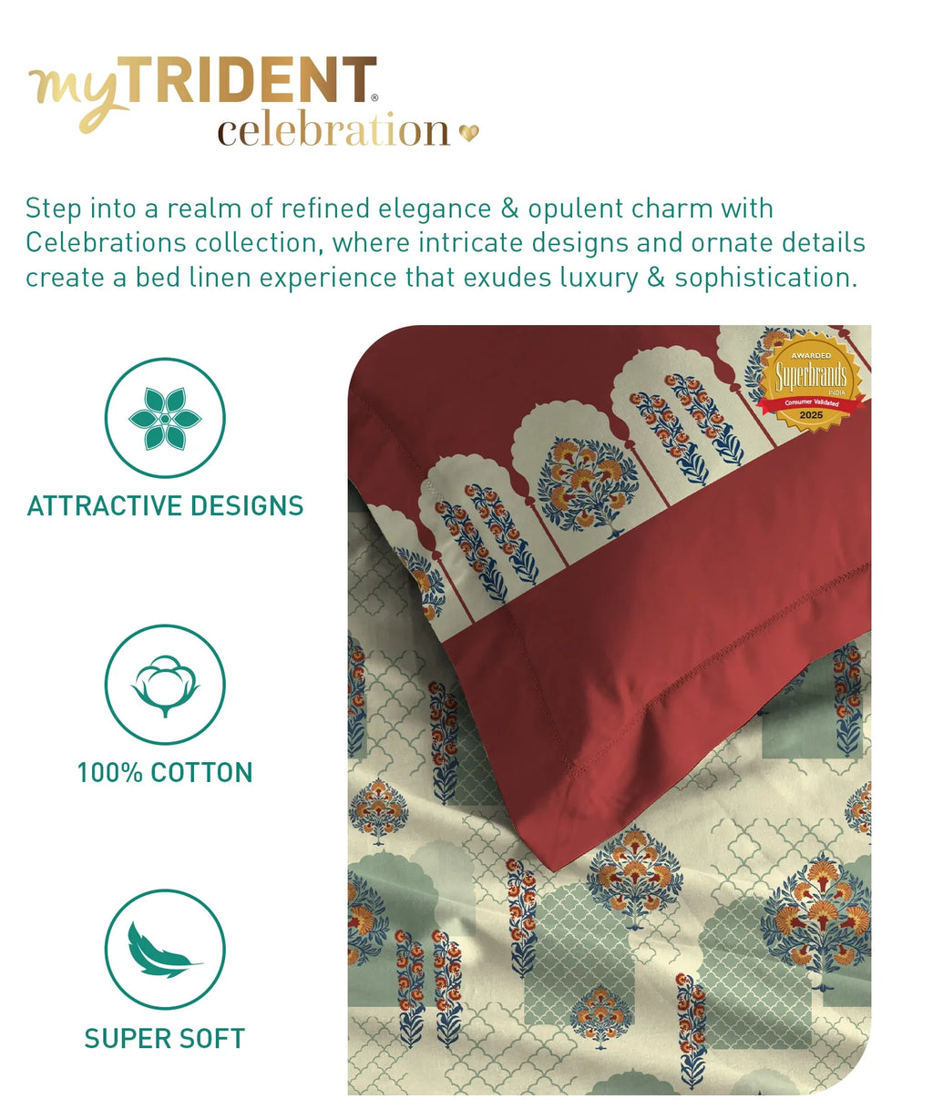 Celebration Queen Bedsheet Set, Ruhani Orange | 144 TC Cotton| 2 Pillow Covers