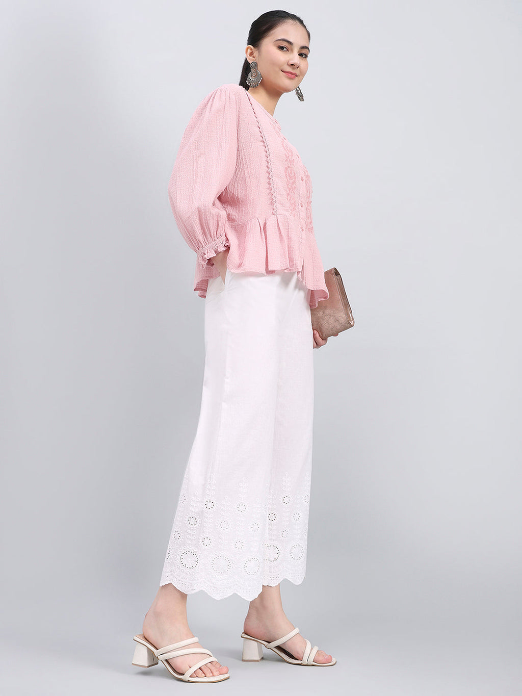 White 100% Cotton Embroidered Wide Pant