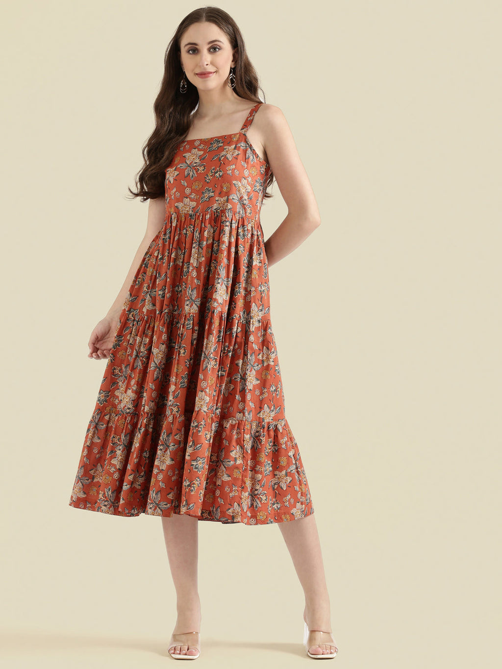 Floral Print Cotton Fit & Flare Square Neck Dress