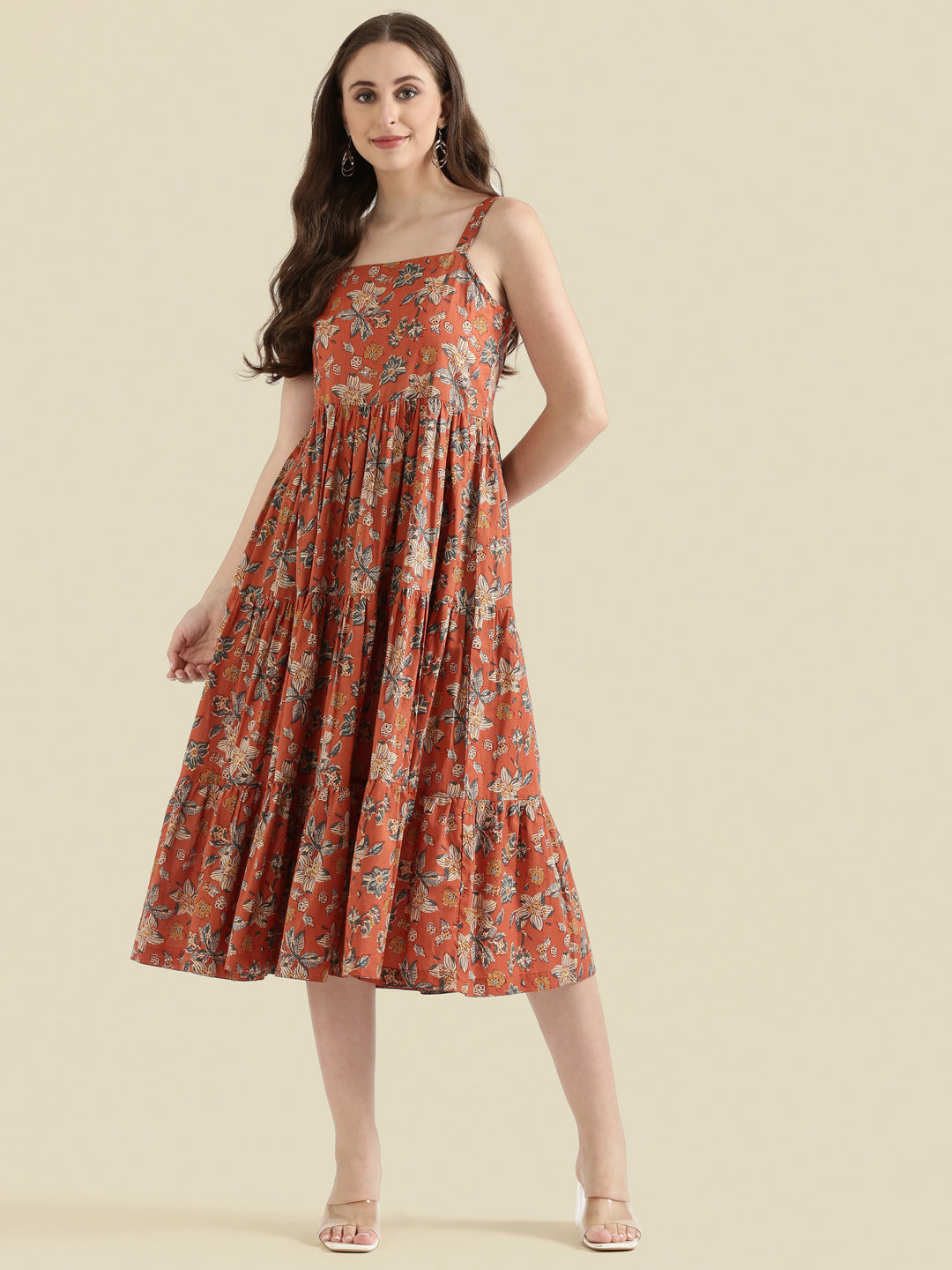 Floral Print Cotton Fit & Flare Square Neck Dress