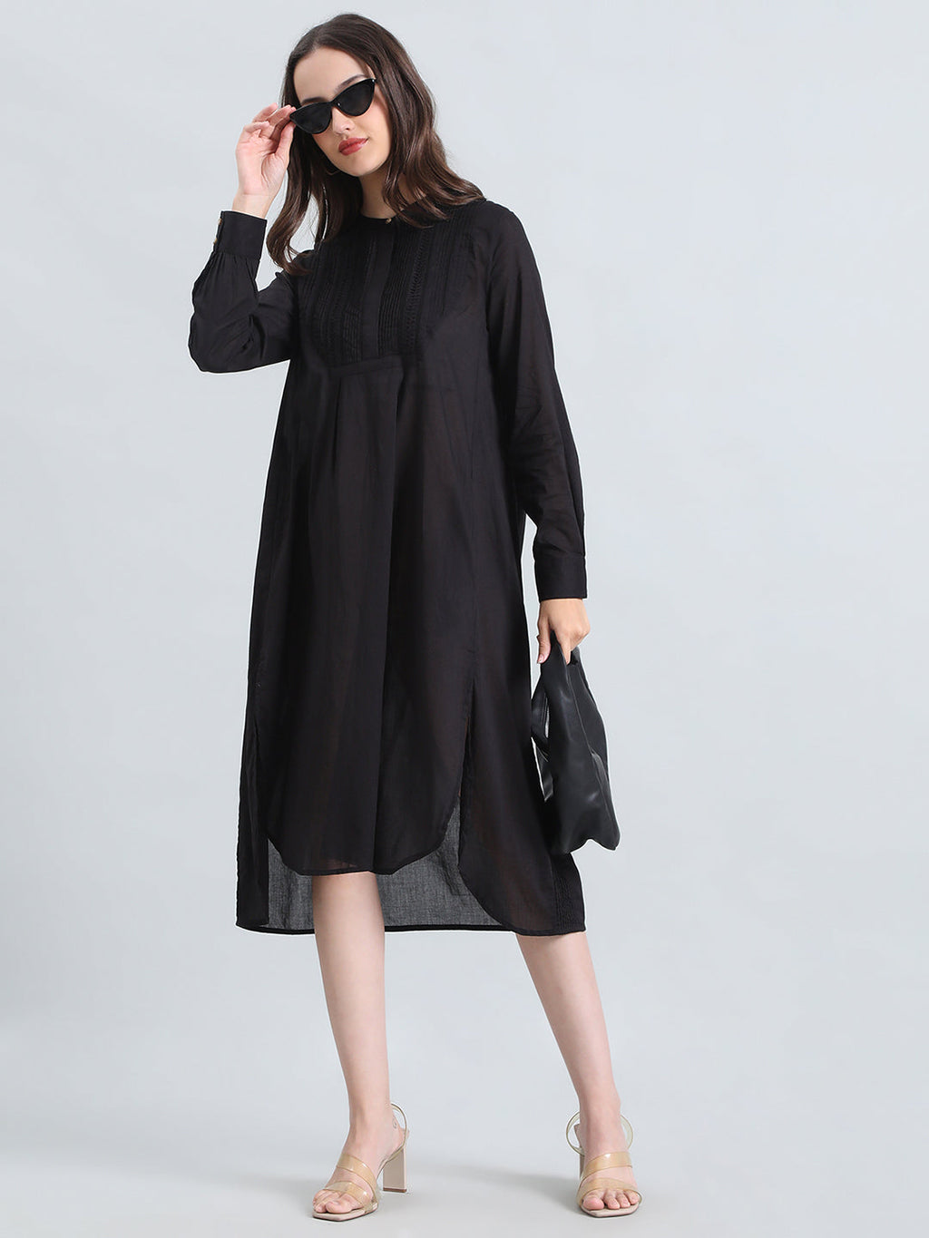 Cotton Pin-Tuck & Lace Trim Mandarin Collar Dress