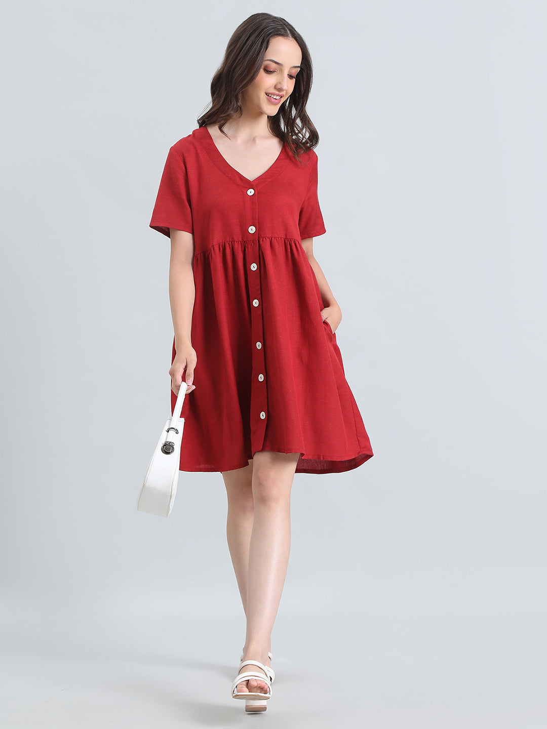 Linen V-Neck Regular Fit Short Dress