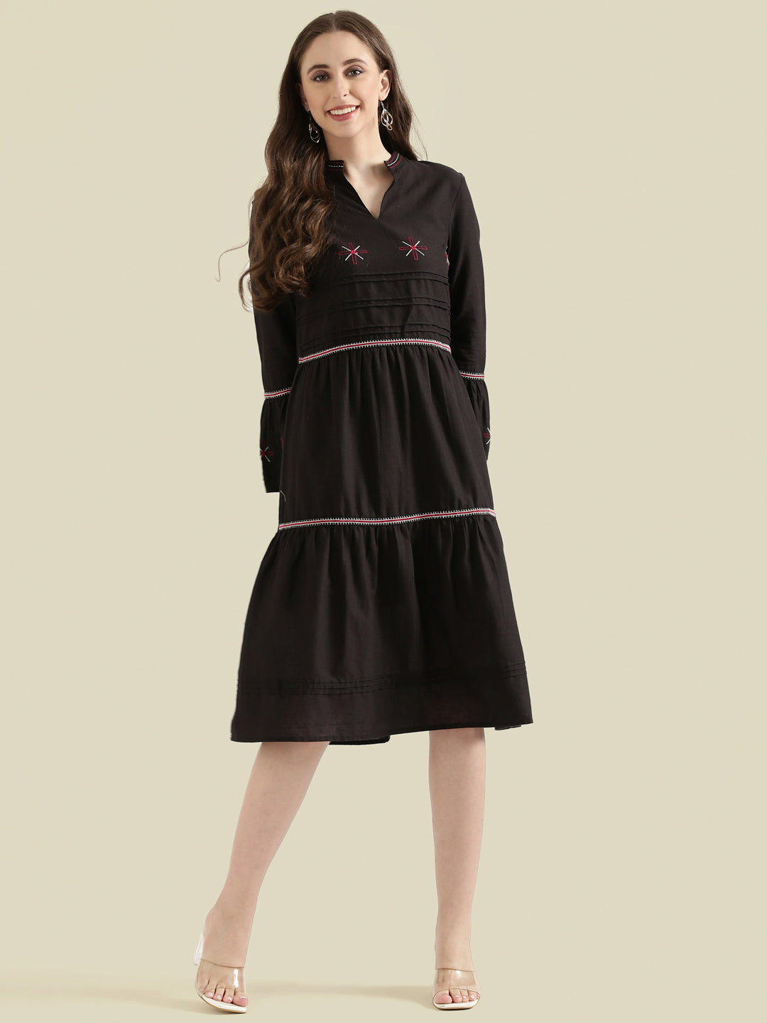 Cotton Embroidered Tiered Midi Dress