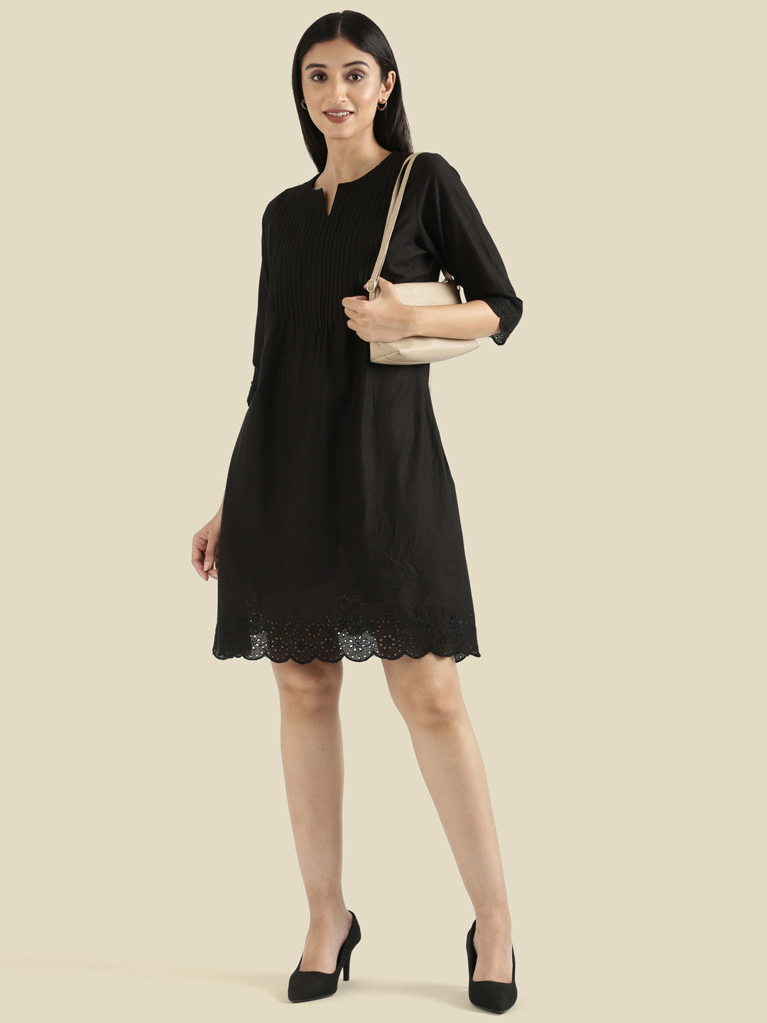 Cambric Cotton Pin-Tuck Schiffli Hakoba Midi Dress