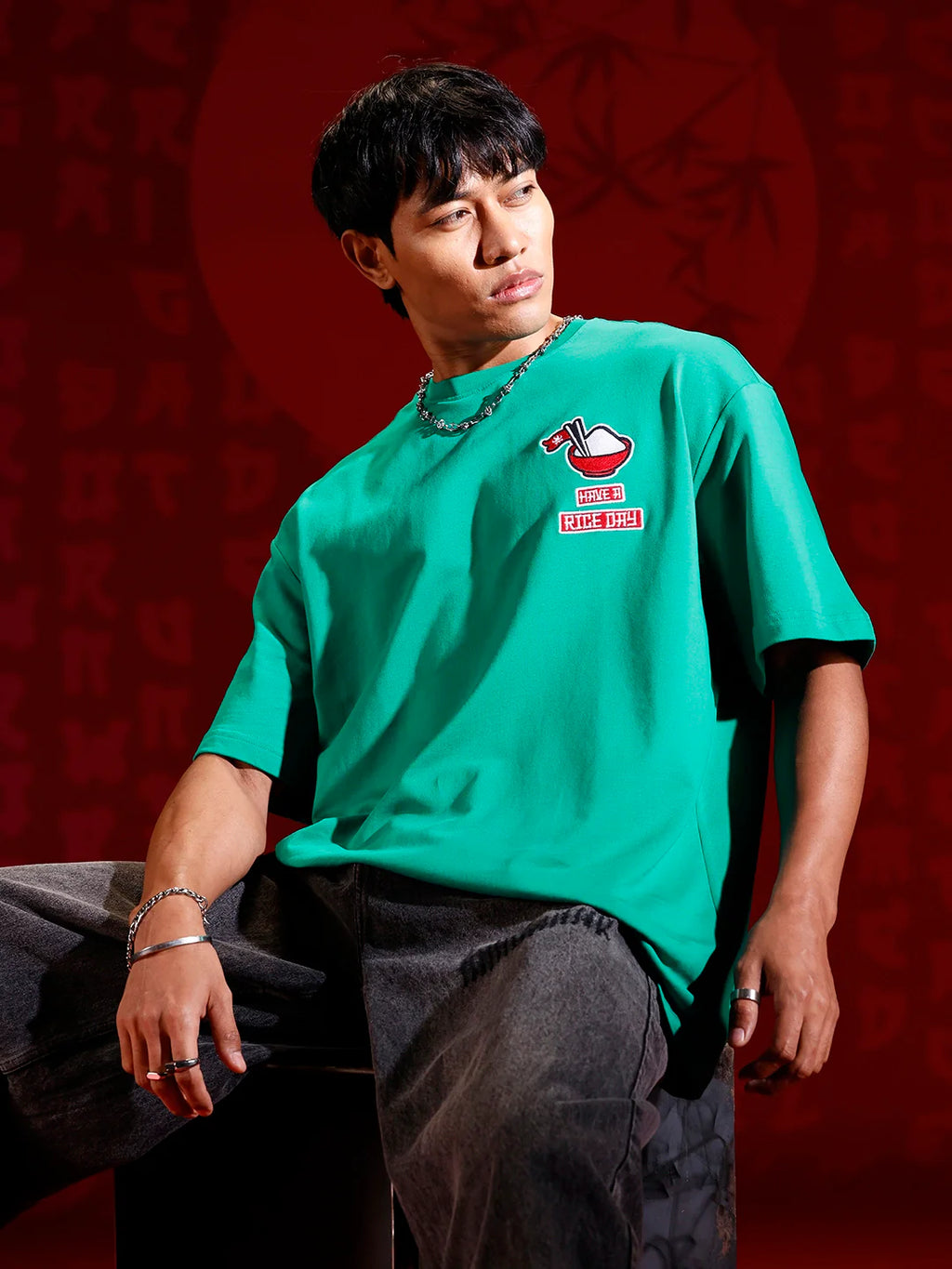Oversized T-shirt with embroidered chest detail | Green
