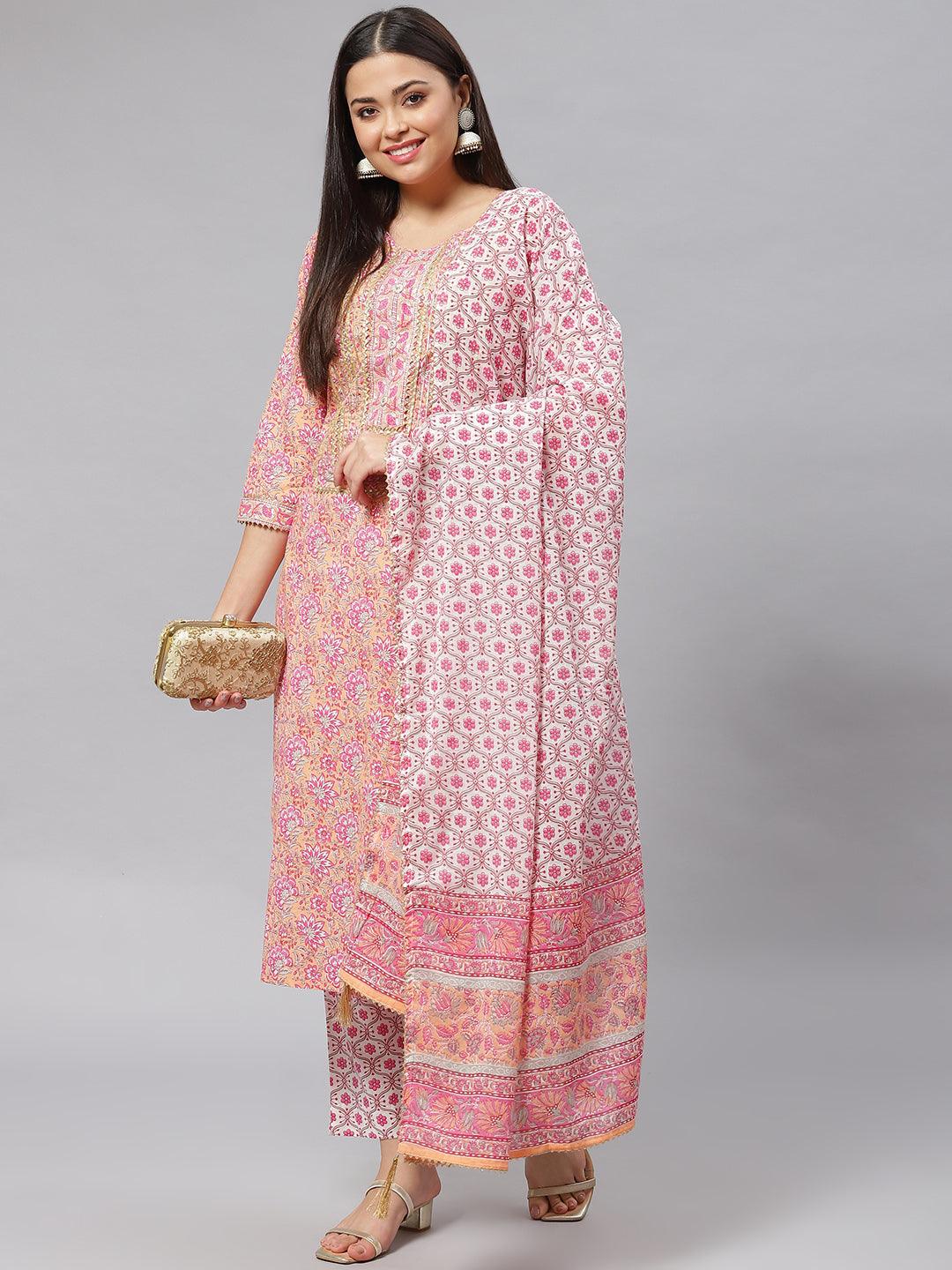 Divena Pink Cotton kurta Pant set with Dupatta