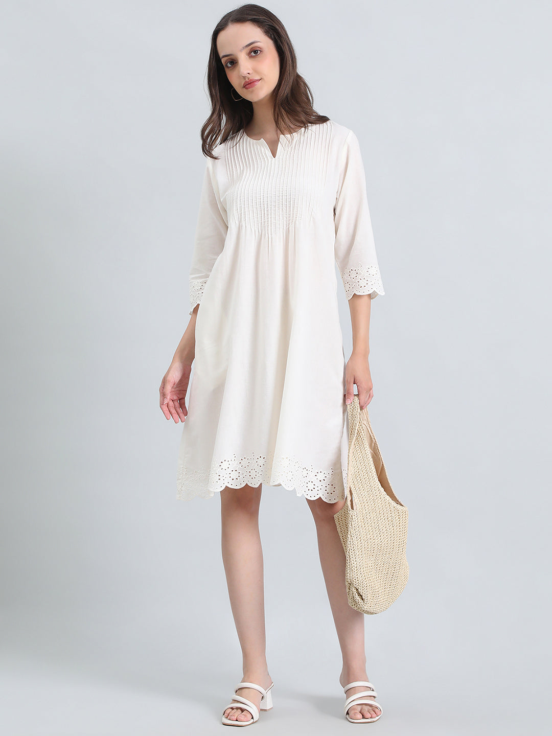 Cambric Cotton Pin-Tuck Schiffli Hakoba Midi Dress