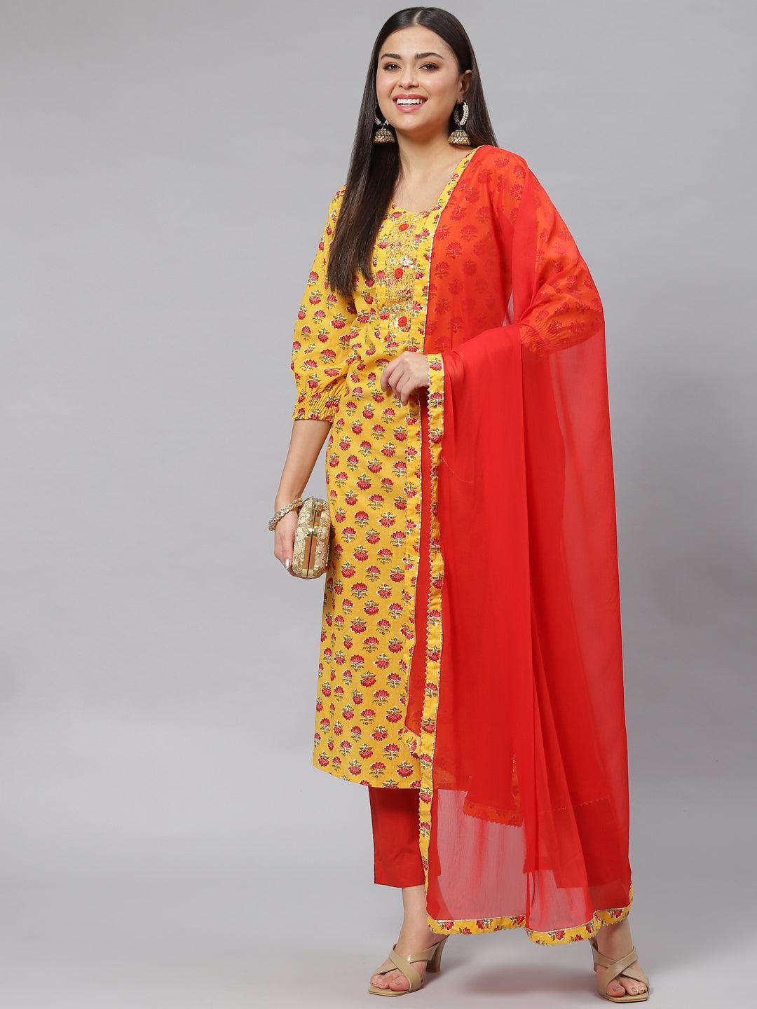 Divena Yellow Floral Cotton Kurta Pant Set with Dupatta