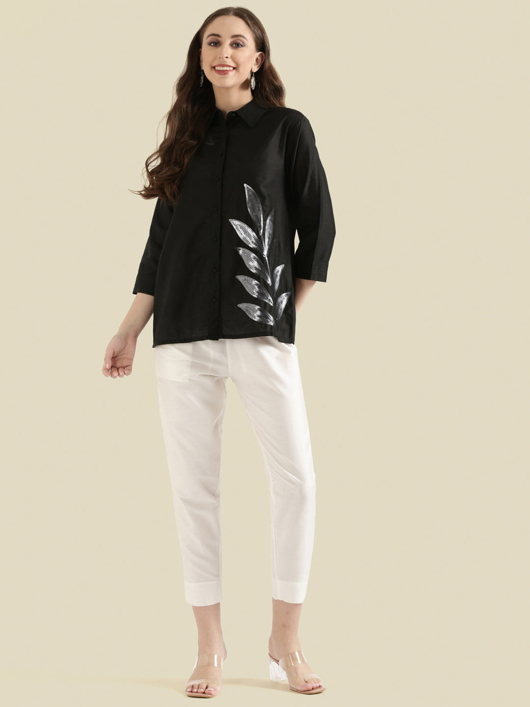 Viscose Sequin Embroidery Classic Collar Blouse