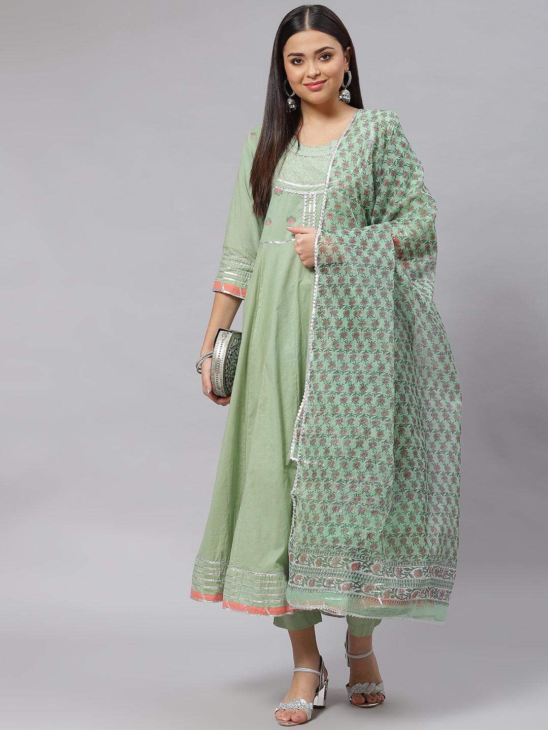 Divena Solid Green Anarkali Kurta Pant Set with Kota doria dupatta