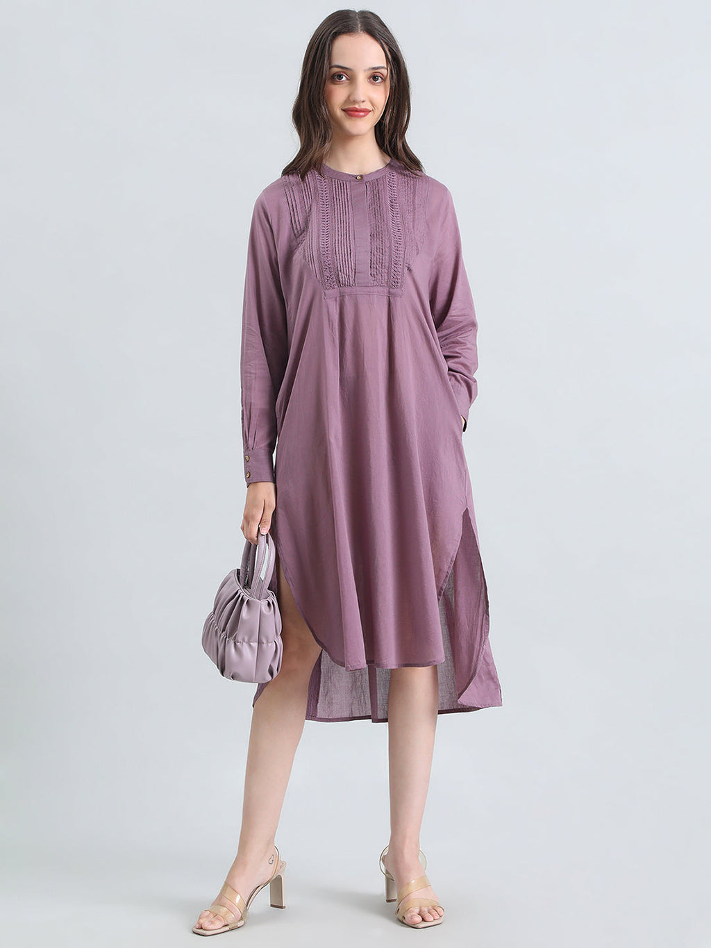 Cotton Pin-Tuck & Lace Trim Mandarin Collar Dress