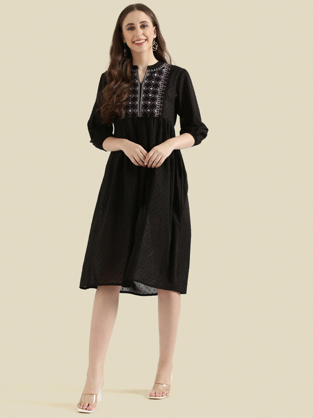 Cotton Dobby Geometric Embroidered Yoke Gathered Midi Dress