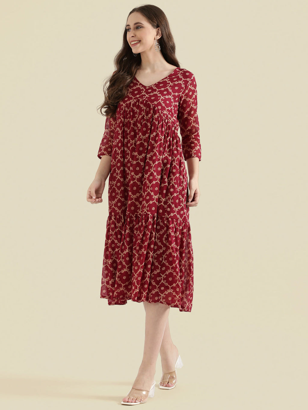 Cotton Voile Block Print V-Neck Gathered Tiered Midi Dress