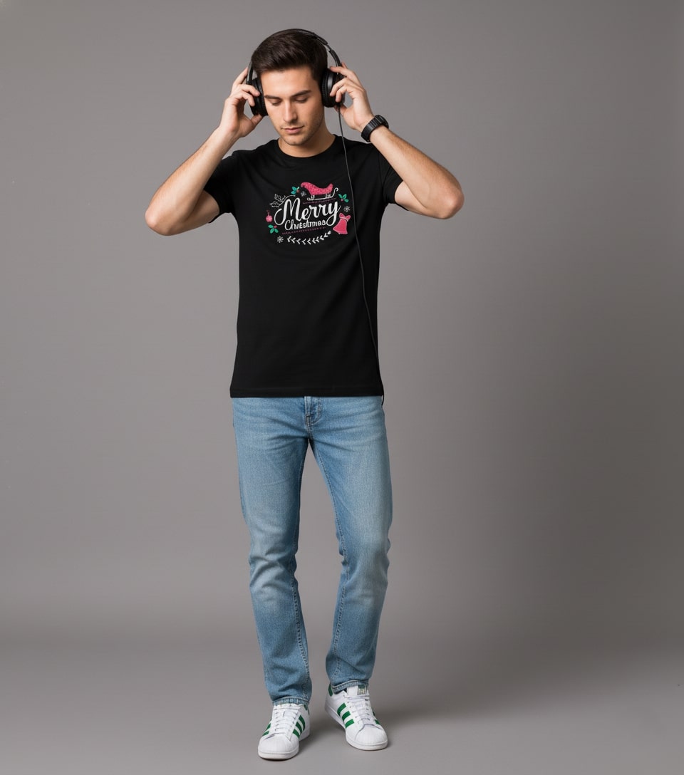 Men Printed Black Cotton Tshirt