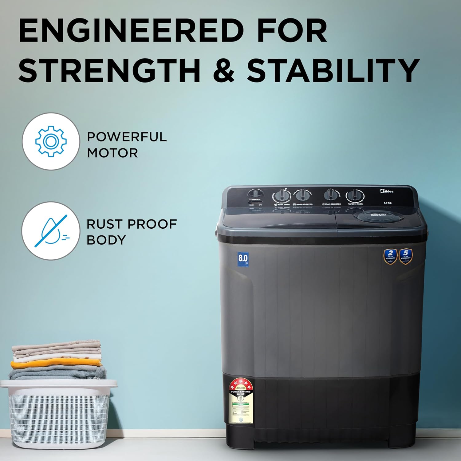 Midea 8 Kg 5 Star Air Jet Dry IPX4 Protection Semi Automatic Top-Load Washing Machine (MWMSA080SAPPG(KG)2024) Black Grey