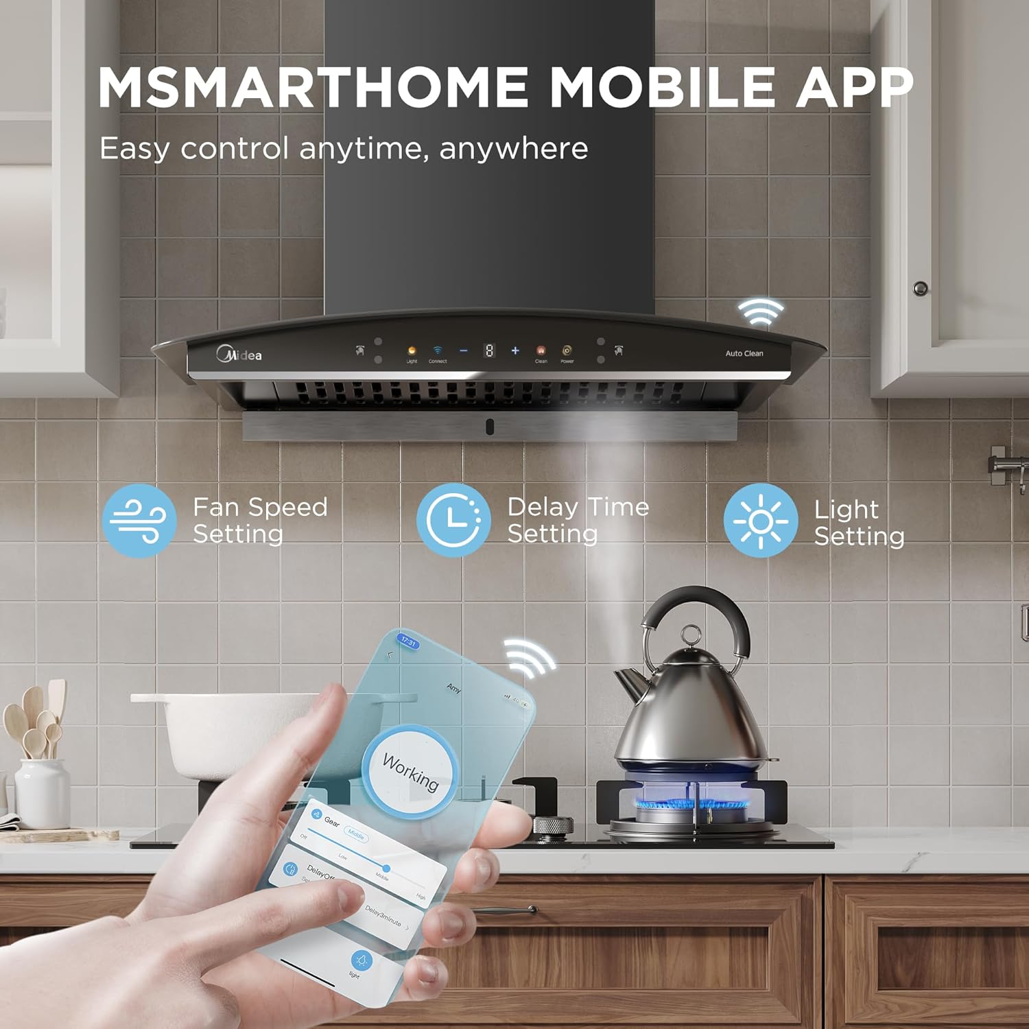 Midea 60 cm 1600 m3/hr BLDC, Filter-less, Wi-Fi enabled, intelli- Autoclean, 9 speed kitchen Chimney, Free Installation Kit (Megan Auto Clean), Black
