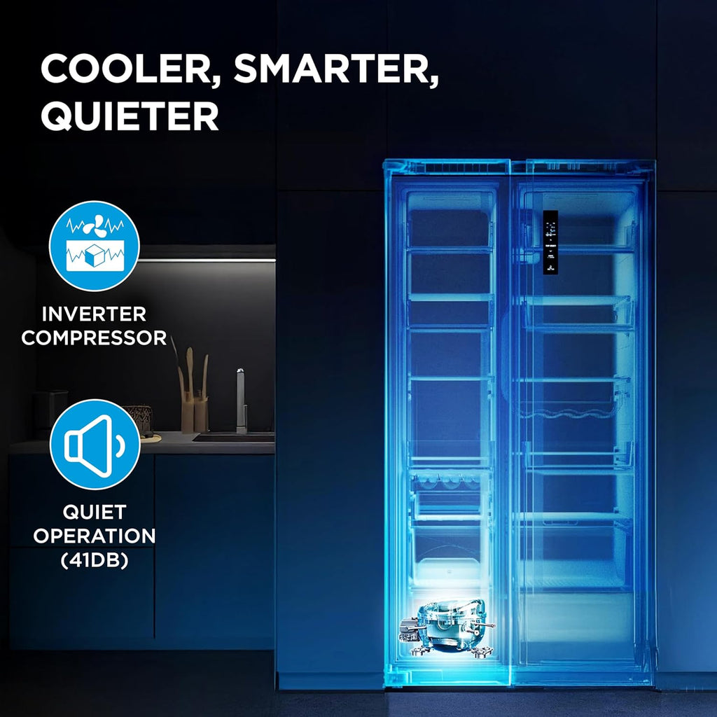 Midea 563 L Side By Side, frost free,Digital Display,Stabilizer Free Operation, Inverter compressor Refrigerator (MDRS710FGF46 Bru Steel)
